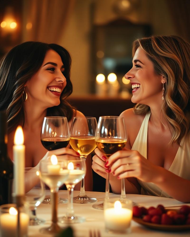 Two women laughing over wine